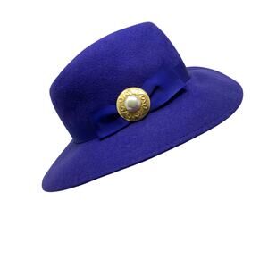 Geo W Bollman Doeskin Felt Fedora Hat Royal Blue Wide Brim Pearl Button